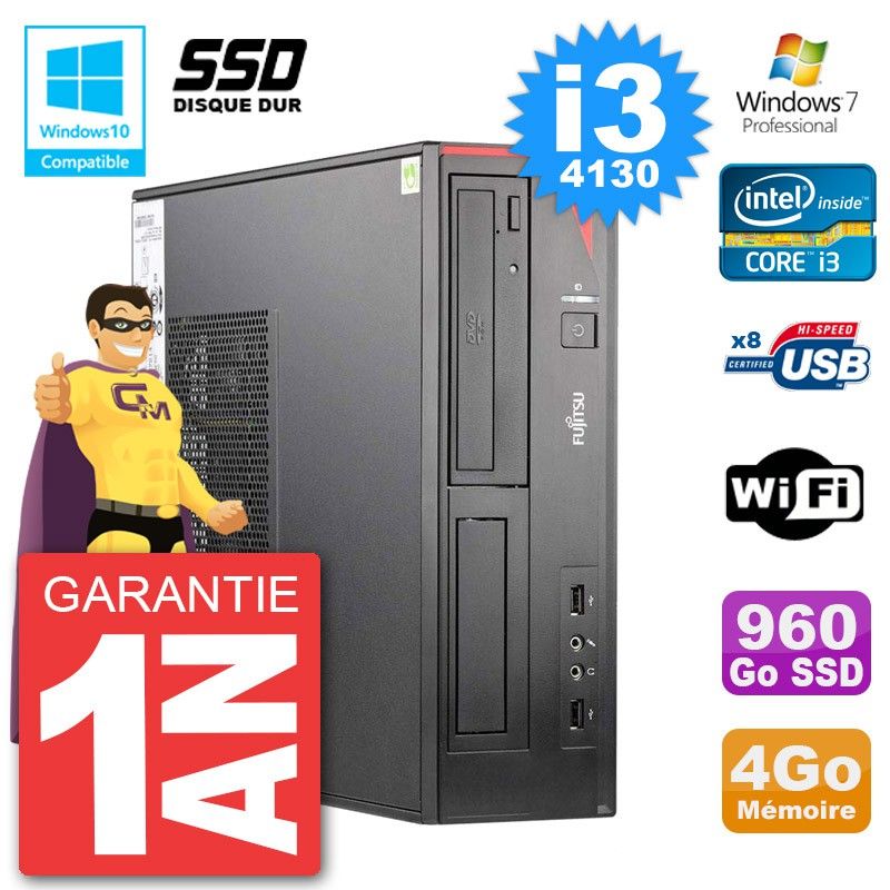 PC Fujitsu Esprimo E520 DT i3-4130 RAM 4Go SSD 960Go Graveur DVD Wifi W7