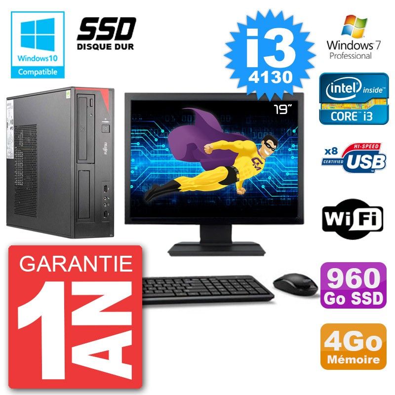 PC Fujitsu Esprimo E520 Ecran 19" i3-4130 RAM 4Go SSD 960Go Graveur DVD Wifi W7