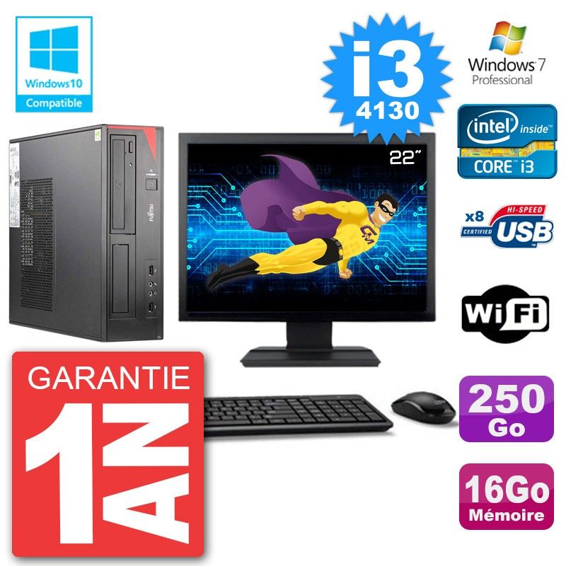 PC Fujitsu Esprimo E520 Ecran 22" i3-4130 RAM 16Go 250Go Graveur DVD Wifi W7