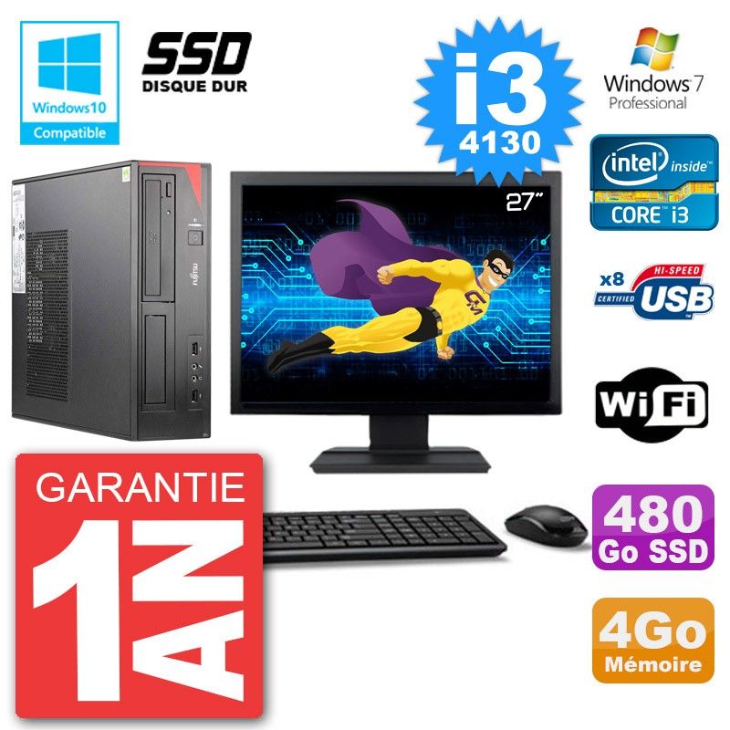 PC Fujitsu Esprimo E520 Ecran 27" i3-4130 RAM 4Go SSD 480Go Graveur DVD Wifi W7