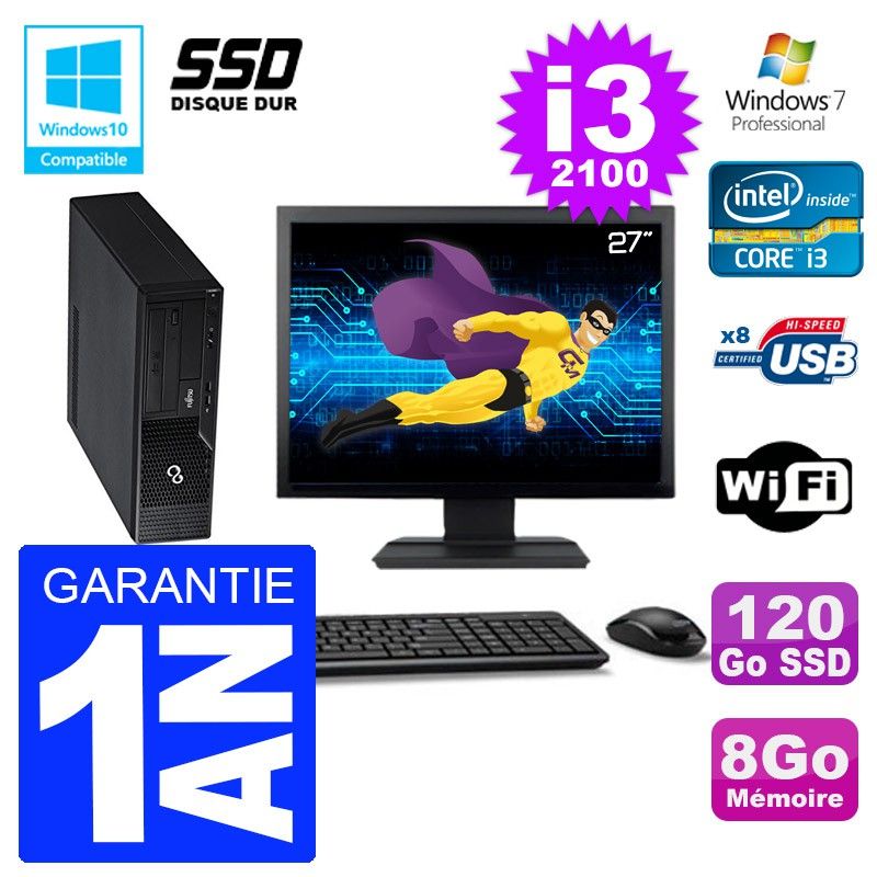 PC Fujitsu Esprimo E500 E85+ DT Ecran 27" i3-2100 RAM 8Go SSD 120Go DVD Wifi W7