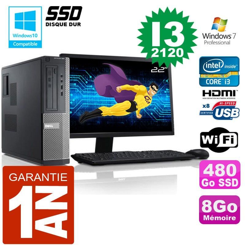 PC DELL 390 DT Core I3-2120 Ram 8Go Disque 480 Go SSD Wifi W7 Ecran 22