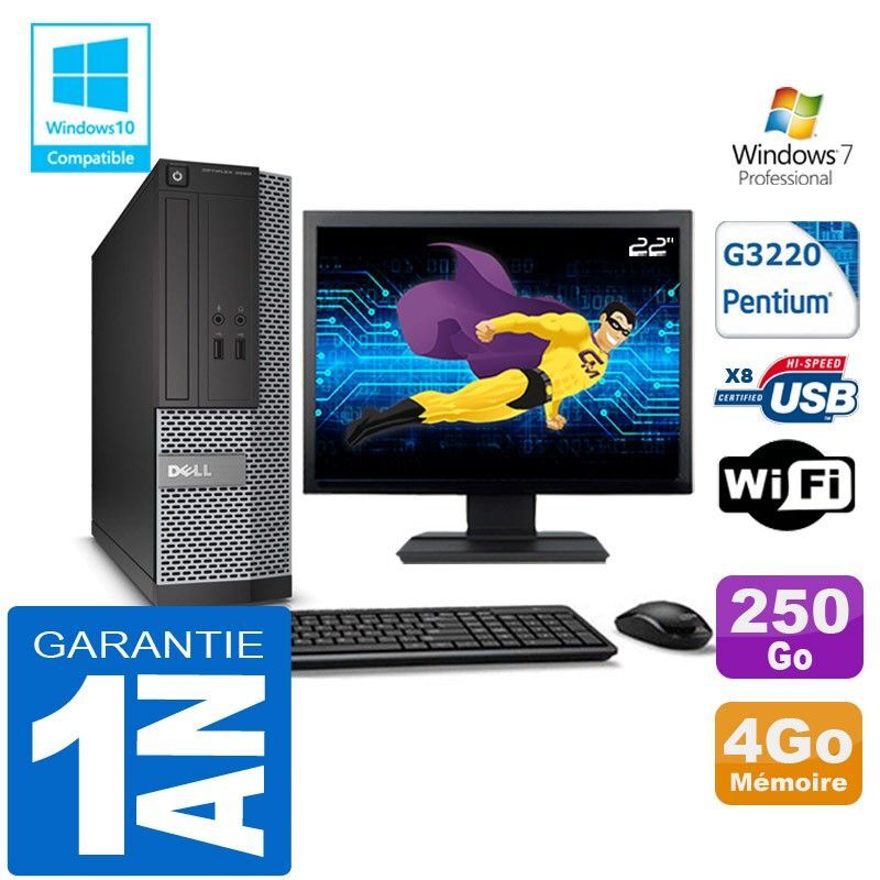 PC DELL 3020 SFF Intel G3220 Ram 4Go Disque 250 Go Wifi W7 Ecran 22
