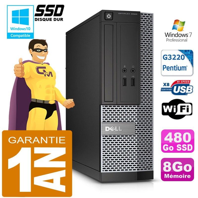PC DELL 3020 SFF Intel G3220 Ram 8Go Disque 480 Go SSD Graveur DVD Wifi W7
