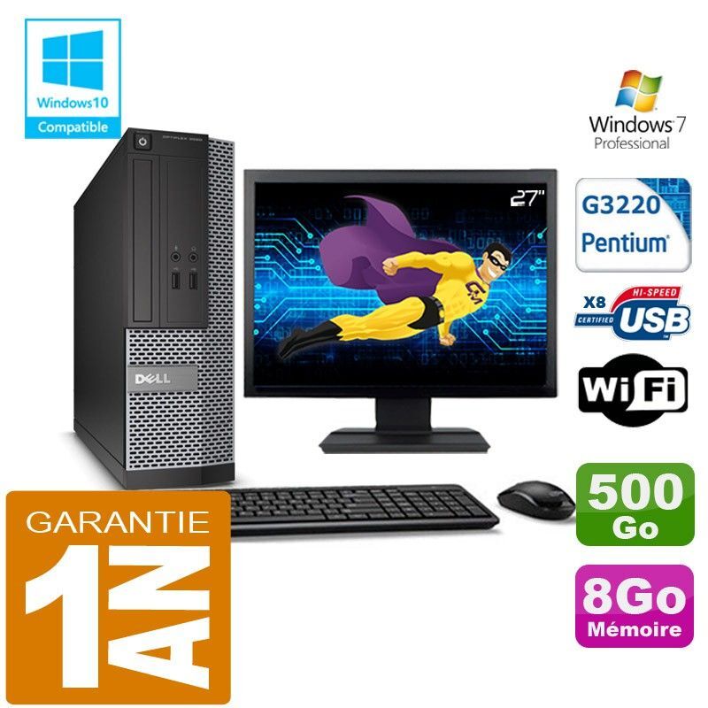PC DELL 3020 SFF Intel G3220 Ram 8Go Disque 500 Go Wifi W7 Ecran 27