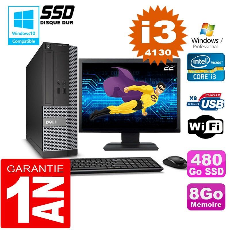PC DELL 3020 SFF Core I3-4130 Ram 8Go Disque 480 Go SSD Wifi W7 Ecran 22