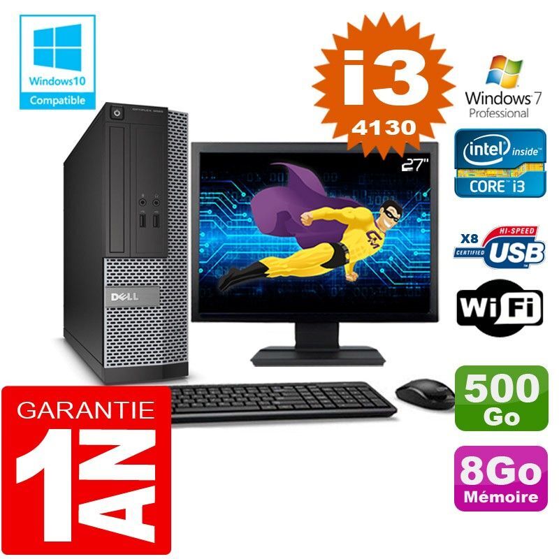 PC DELL 3020 SFF Core I3-4130 Ram 8Go Disque 500 Go Wifi W7 Ecran 27