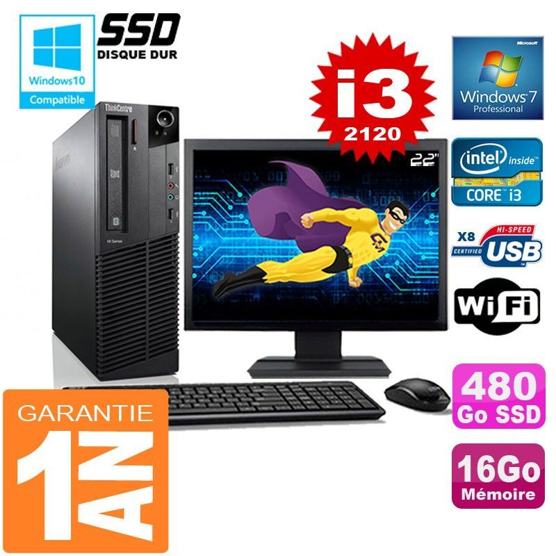 PC Lenovo M92p SFF Core I3-2120 Ram 16Go Disque 480 Go SSD Wifi W7 Ecran 22
