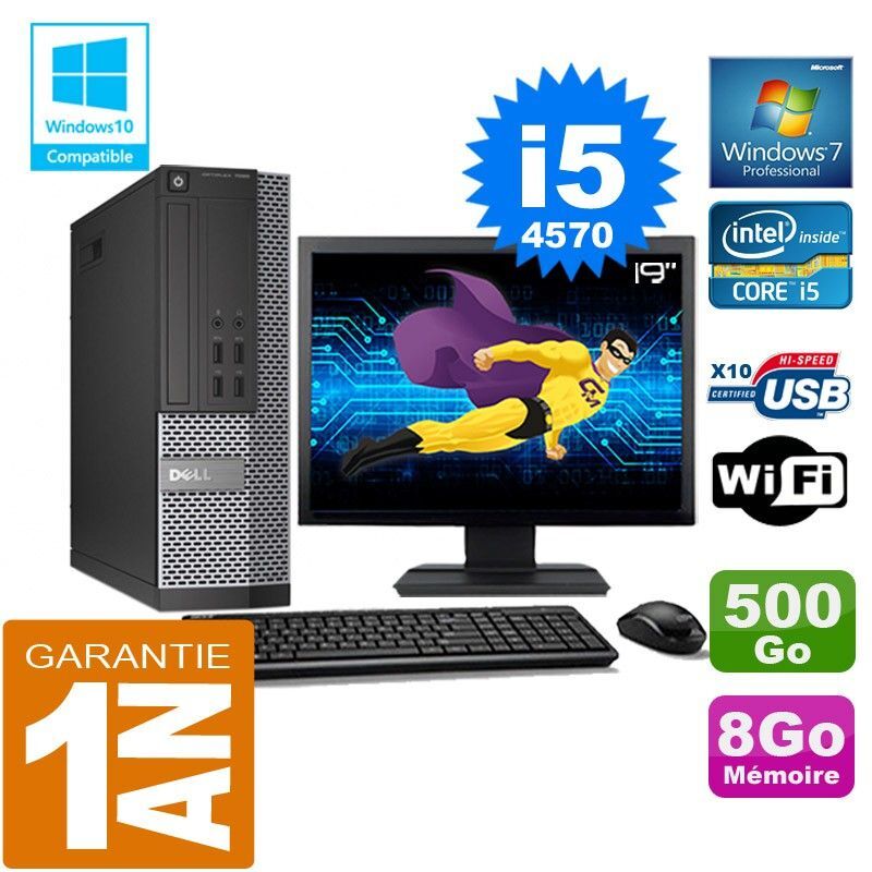 PC DELL 7020 SFF Core I5-4570 Ram 8Go Disque 500 Go Wifi W7 Ecran 19