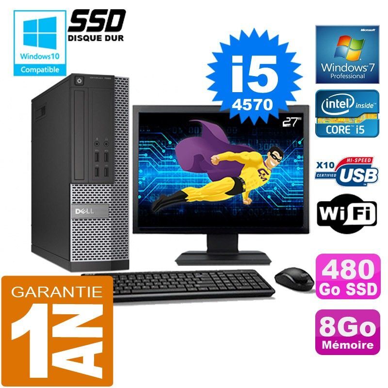PC DELL 7020 SFF Core I5-4570 Ram 8Go Disque 480 Go SSD Wifi W7 Ecran 27