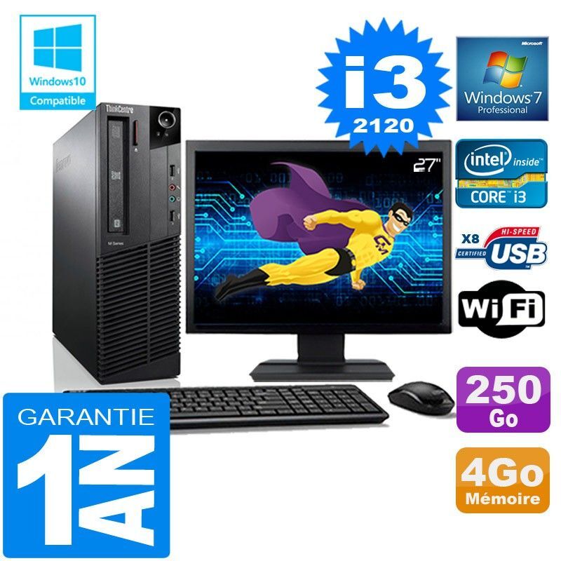 PC Lenovo M92p SFF Core I3-2120 Ram 4Go Disque 250 Go Wifi W7 Ecran 27