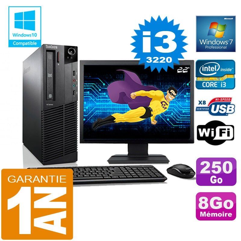 PC Lenovo M92p SFF Core I3-3220 Ram 8Go Disque 250 Go Wifi W7 Ecran 22