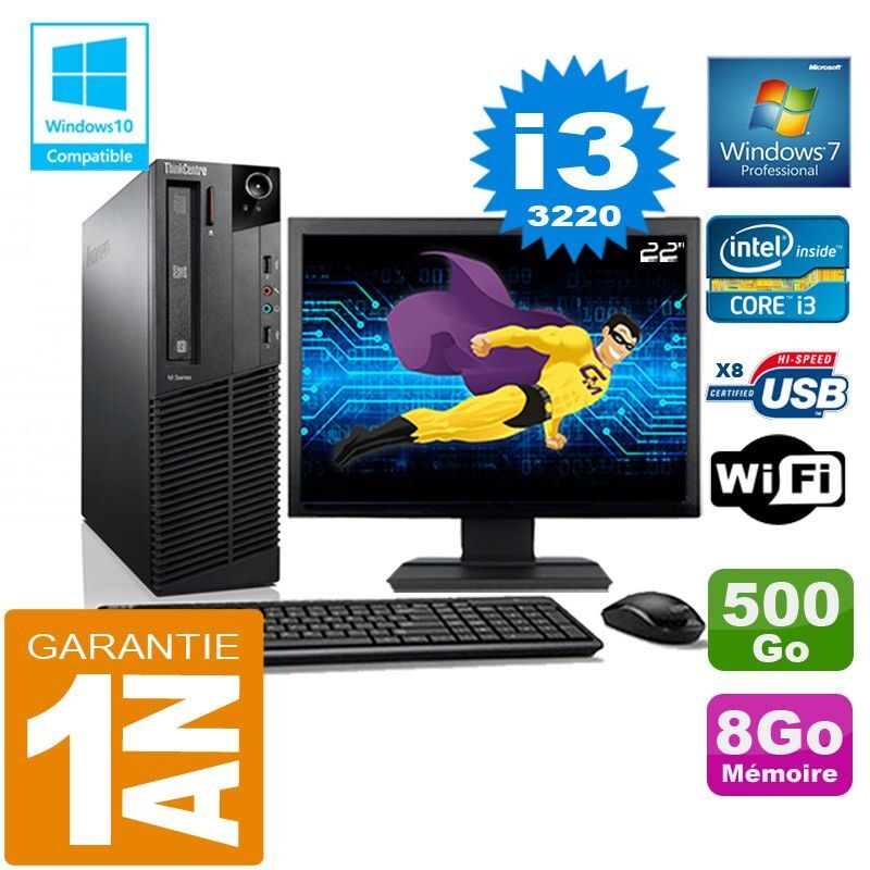PC Lenovo M92p SFF Core I3-3220 Ram 8Go Disque 500 Go Wifi W7 Ecran 22
