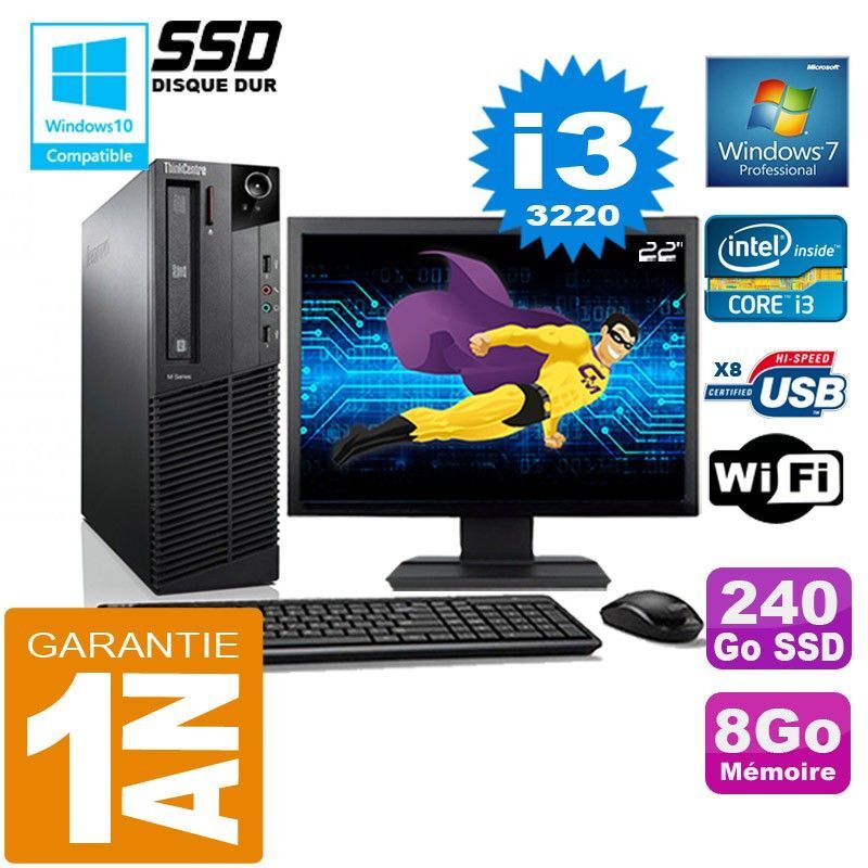 PC Lenovo M92p SFF Core I3-3220 Ram 8Go Disque 240 Go SSD Wifi W7 Ecran 22