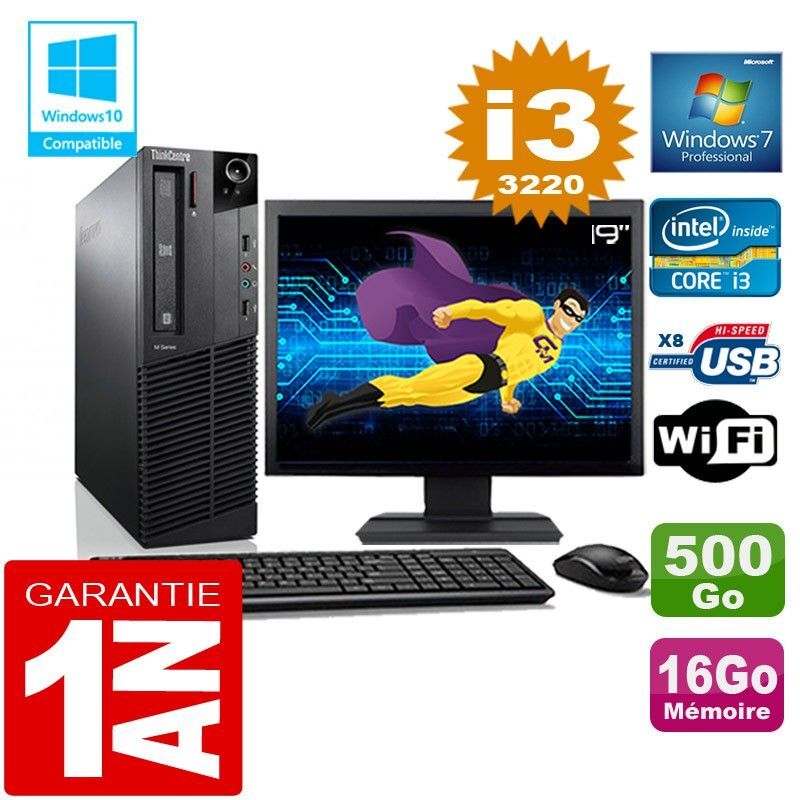 PC Lenovo M92p SFF Core I3-3220 Ram 16Go Disque 500 Go Wifi W7 Ecran 19