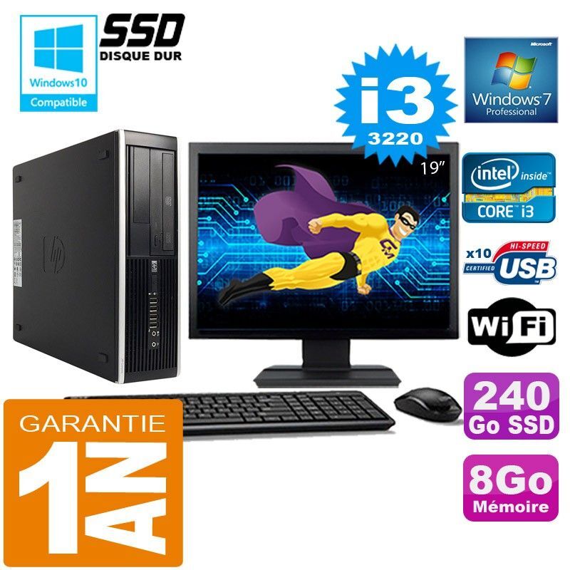 PC HP Compaq 8300 SFF Core I3-3220 Ram 8Go Disque 240 Go SSD Wifi W7 Ecran 19