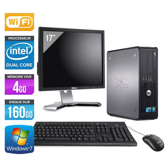 Dell Optiplex 780 SFF + Ecran 17'' - Intel Core Duo E5300 / 2.60 GHz - RAM 4 Go - HDD 160 Go - DVD - GigaBit Ethernet - Wifi - Windows 7 Professionnel