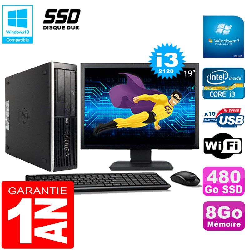 PC HP Compaq Pro 6300 SFF I3-2120 8Go 480Go SSD Graveur DVD Wifi W7 Ecran 19