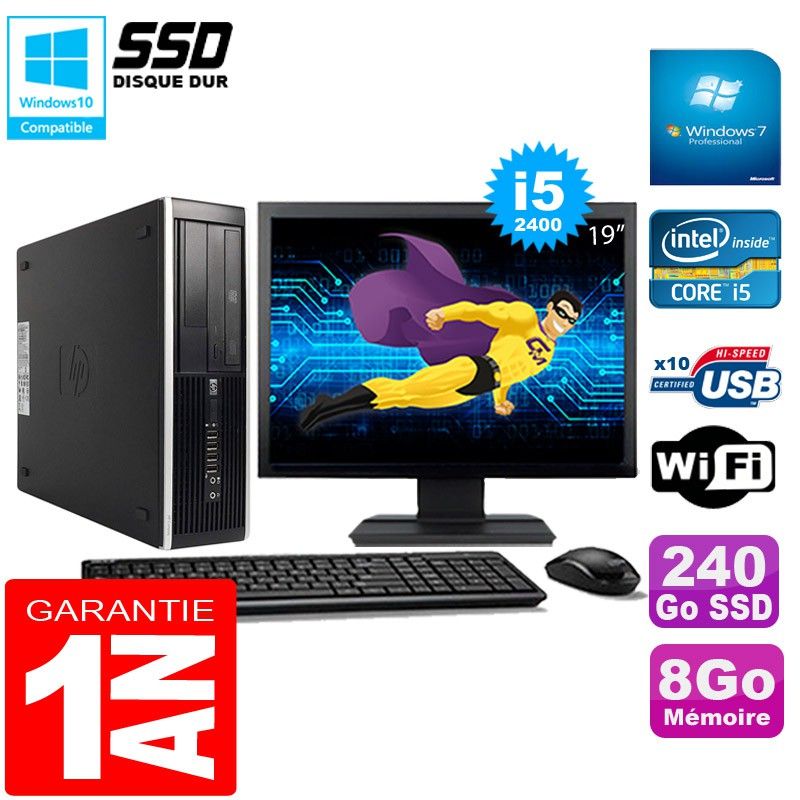 PC HP Compaq Pro 6300 SFF I5-2400 8Go 240Go SSD Graveur DVD Wifi W7 Ecran 19
