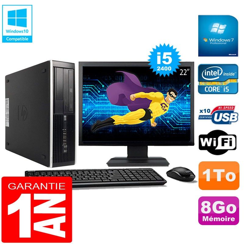 PC HP Compaq Pro 6300 SFF I5-2400 8Go 1To Graveur DVD Wifi W7 Ecran 22