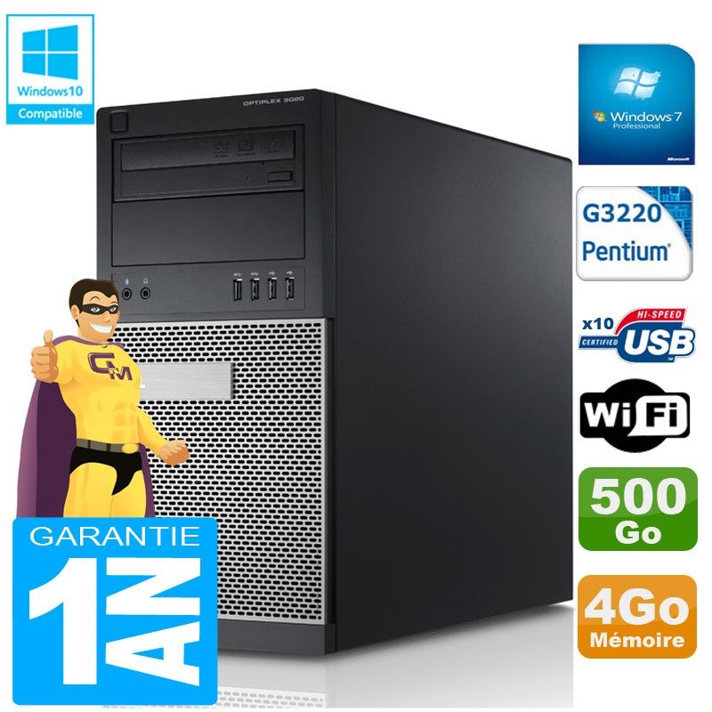 PC Tour DELL 9020 Intel G3220 Ram 4Go Disque 500 Go Graveur DVD Wifi W7