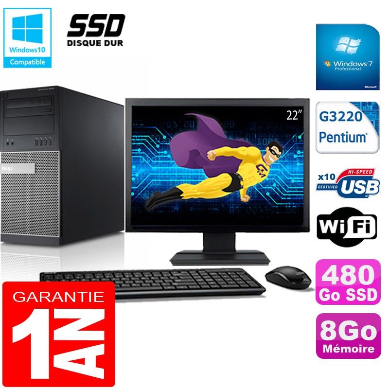 PC Tour DELL 9020 Intel G3220 Ram 8Go Disque 480 Go SSD Wifi W7 Ecran 22