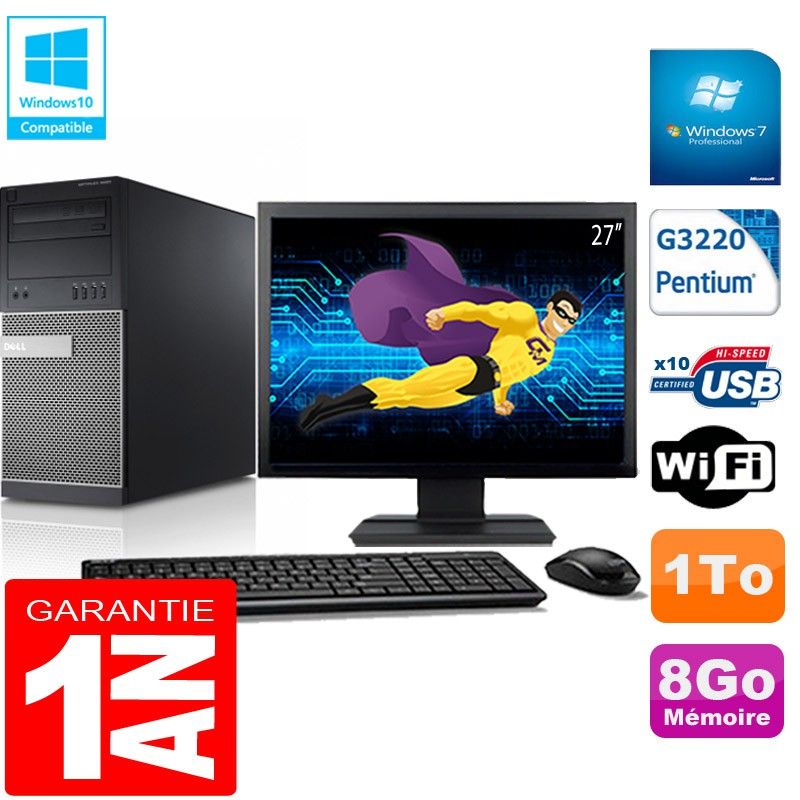PC Tour DELL 9020 Intel G3220 Ram 8Go Disque 1 To Wifi W7 Ecran 27