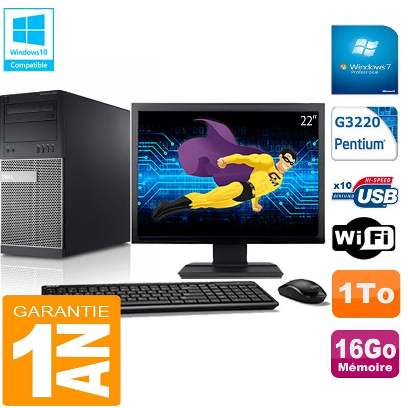 PC Tour DELL 9020 Intel G3220 Ram 16Go Disque 1 To Wifi W7 Ecran 22