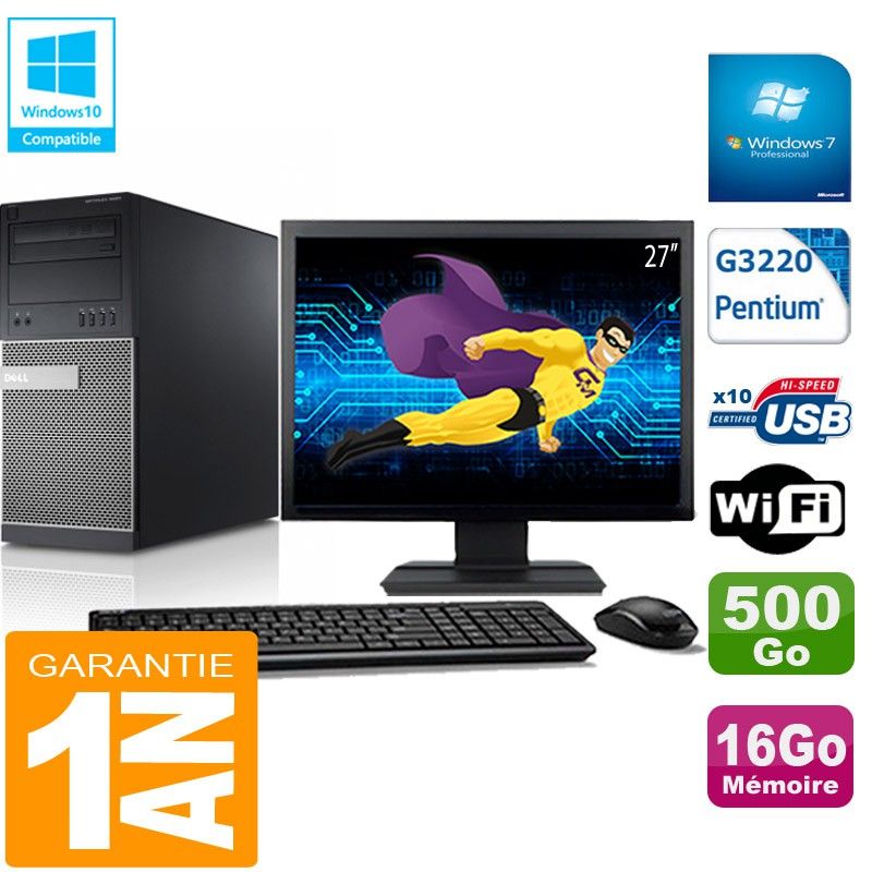 PC Tour DELL 9020 Intel G3220 Ram 16Go Disque 500 Go Wifi W7 Ecran 27