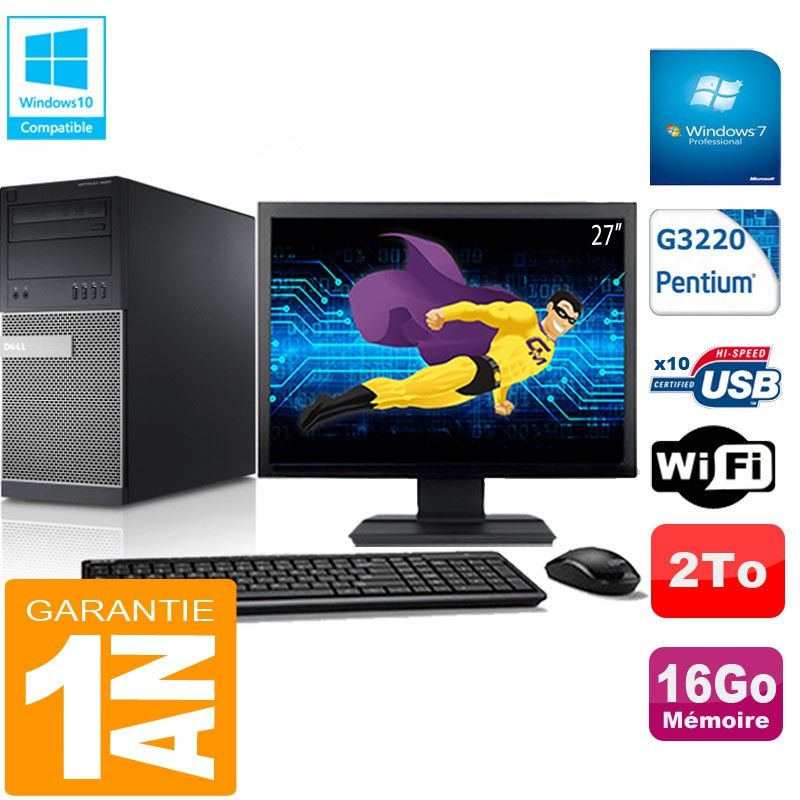 PC Tour DELL 9020 Intel G3220 Ram 16Go Disque 2 To Wifi W7 Ecran 27