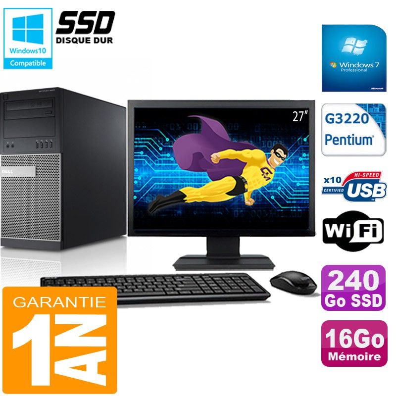 PC Tour DELL 9020 Intel G3220 Ram 16Go Disque 240 Go SSD Wifi W7 Ecran 27