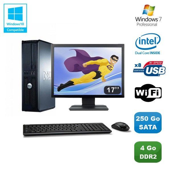 Lot PC DELL Optiplex 760 DT Dual Core E5200 2,5Ghz 4Go 250Go WIFI W7 + Ecran 17