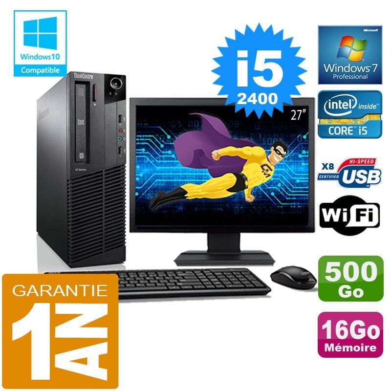 PC Lenovo M92p SFF Core I5-2400 Ram 16Go Disque 500 Go Wifi W7 Ecran 27