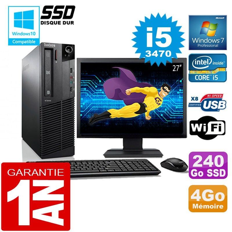 PC Lenovo M92p SFF Core I5-3470 Ram 4Go Disque 240 Go SSD Wifi W7 Ecran 27