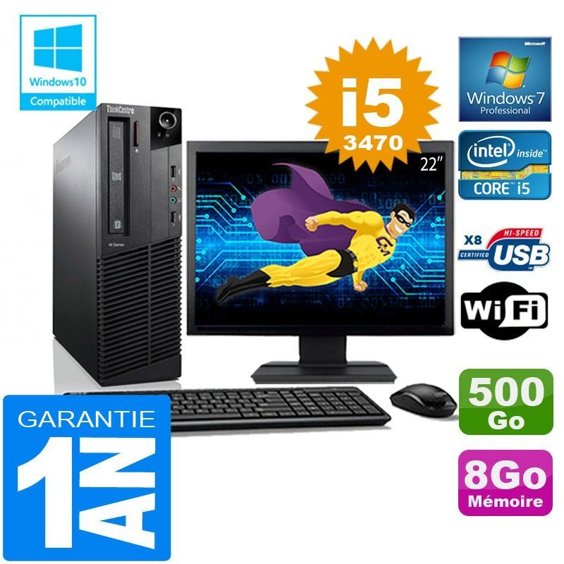 PC Lenovo M92p SFF Core I5-3470 Ram 8Go Disque 500 Go Wifi W7 Ecran 22