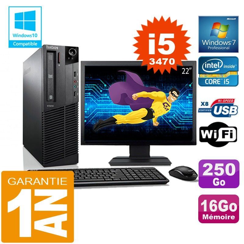 PC Lenovo M92p SFF Core I5-3470 Ram 16Go Disque 250 Go Wifi W7 Ecran 22