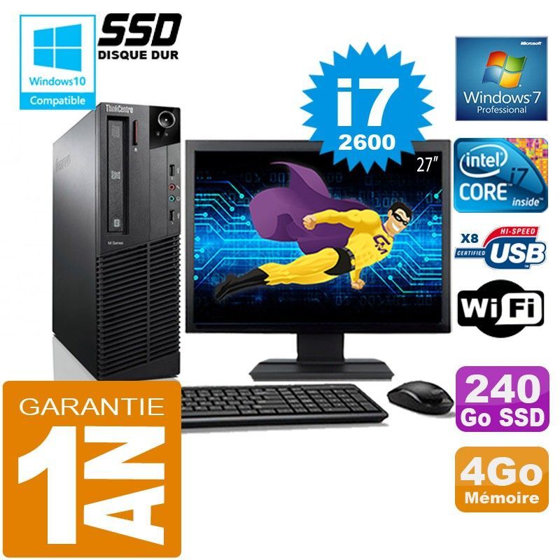 PC Lenovo M92p SFF Core I7-2600 Ram 4Go Disque 240 Go SSD Wifi W7 Ecran 27