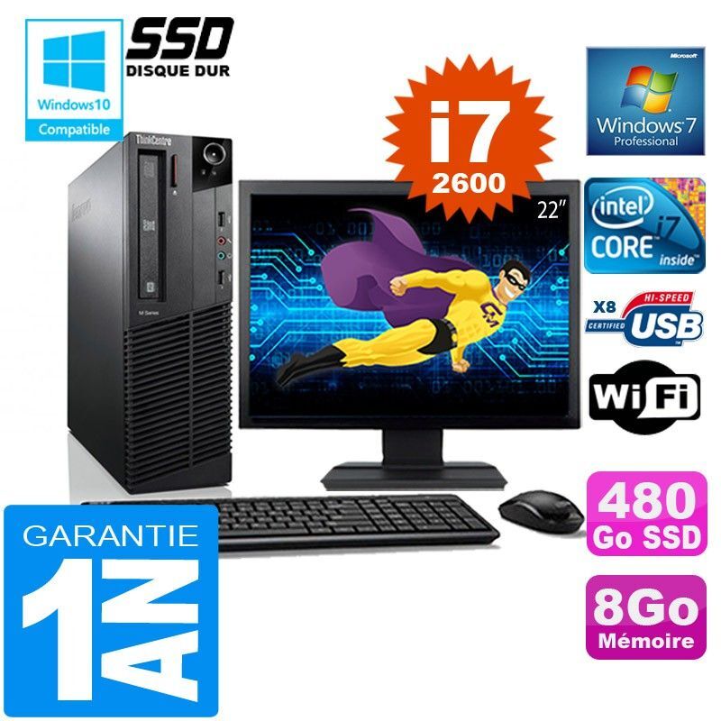 PC Lenovo M92p SFF Core I7-2600 Ram 8Go Disque 480 Go SSD Wifi W7 Ecran 22