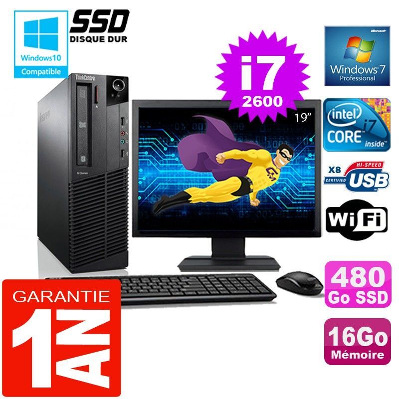 PC Lenovo M92p SFF Core I7-2600 Ram 16Go Disque 480 Go SSD Wifi W7 Ecran 19