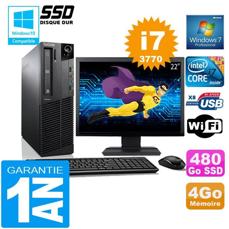 PC Lenovo M92p SFF Core I7-3770 Ram 4Go Disque 480 Go SSD Wifi W7 Ecran 22
