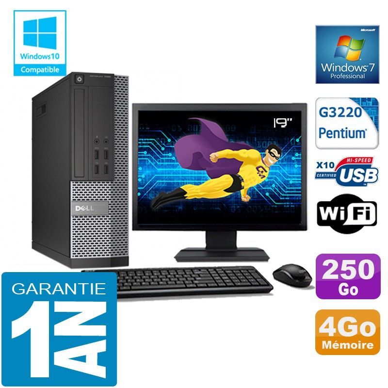 PC DELL 7020 SFF Intel G3220 Ram 4Go Disque 250 Go Wifi W7 Ecran 19