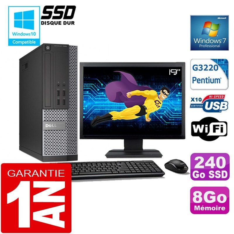 PC DELL 7020 SFF Intel G3220 Ram 8Go Disque 240 Go SSD Wifi W7 Ecran 19