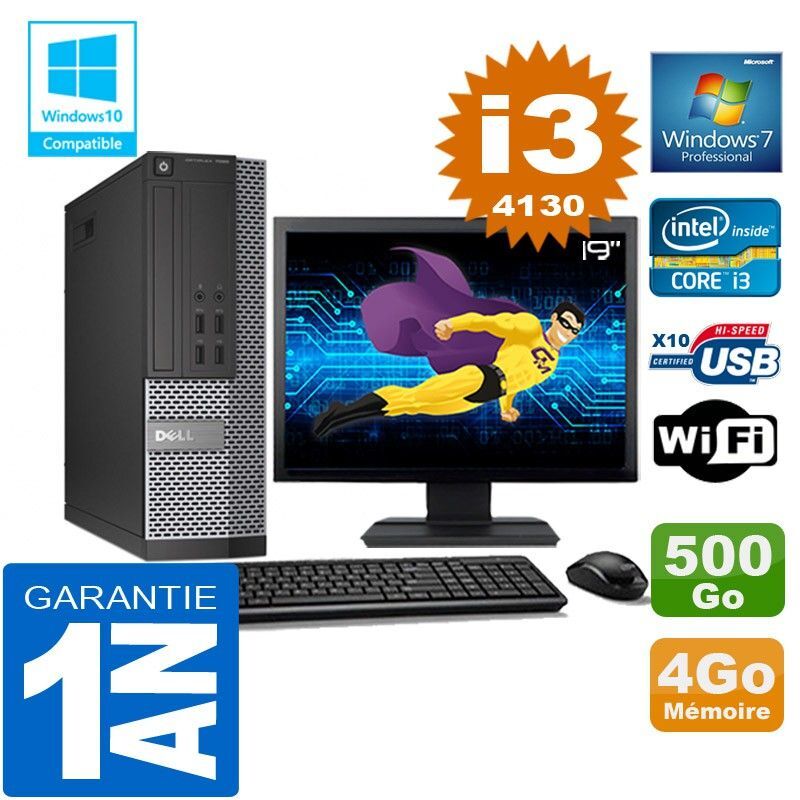 PC DELL 7020 SFF Core I3-4130 Ram 4Go Disque 500 Go Wifi W7 Ecran 19