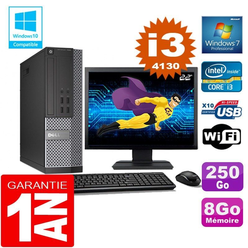 PC DELL 7020 SFF Core I3-4130 Ram 8Go Disque 250 Go Wifi W7 Ecran 22