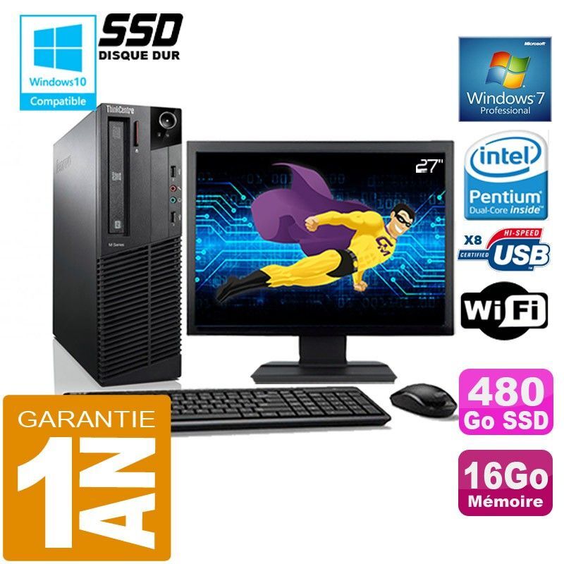 PC Lenovo M92p SFF Intel G630 Ram 16Go Disque 480 Go SSD Wifi W7 Ecran 27