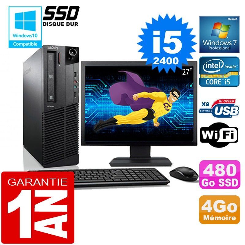 PC Lenovo M92p SFF Core I5-2400 Ram 4Go Disque 480 Go SSD Wifi W7 Ecran 27