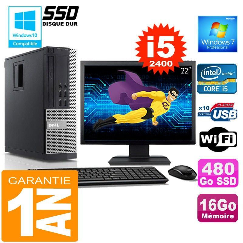 PC DELL 990 SFF Core I5-2400 Ram 16Go Disque 480 Go SSD Wifi W7 Ecran 22