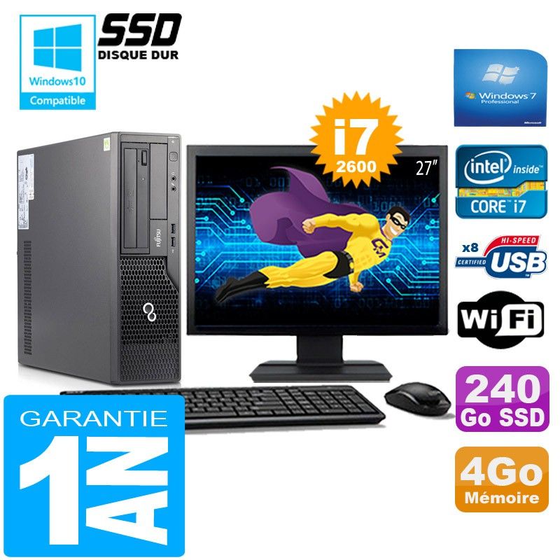 PC Fujitsu Esprimo E500 E85+ SFF I7-2600 4Go Disque 240Go SSD Wifi W7 Ecran 27