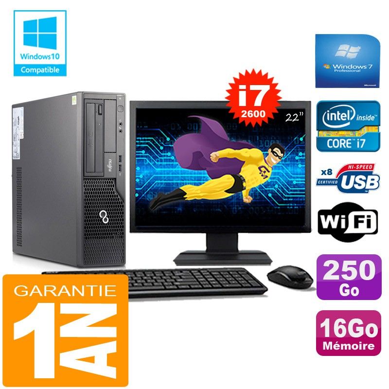PC Fujitsu Esprimo E500 E85+ SFF I7-2600 RAM 16Go Disque 250Go Wifi W7 Ecran 22