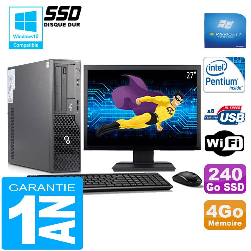 PC Fujitsu Esprimo E500 E85+ SFF G640 4Go Disque 240Go SSD Wifi W7 Ecran 27